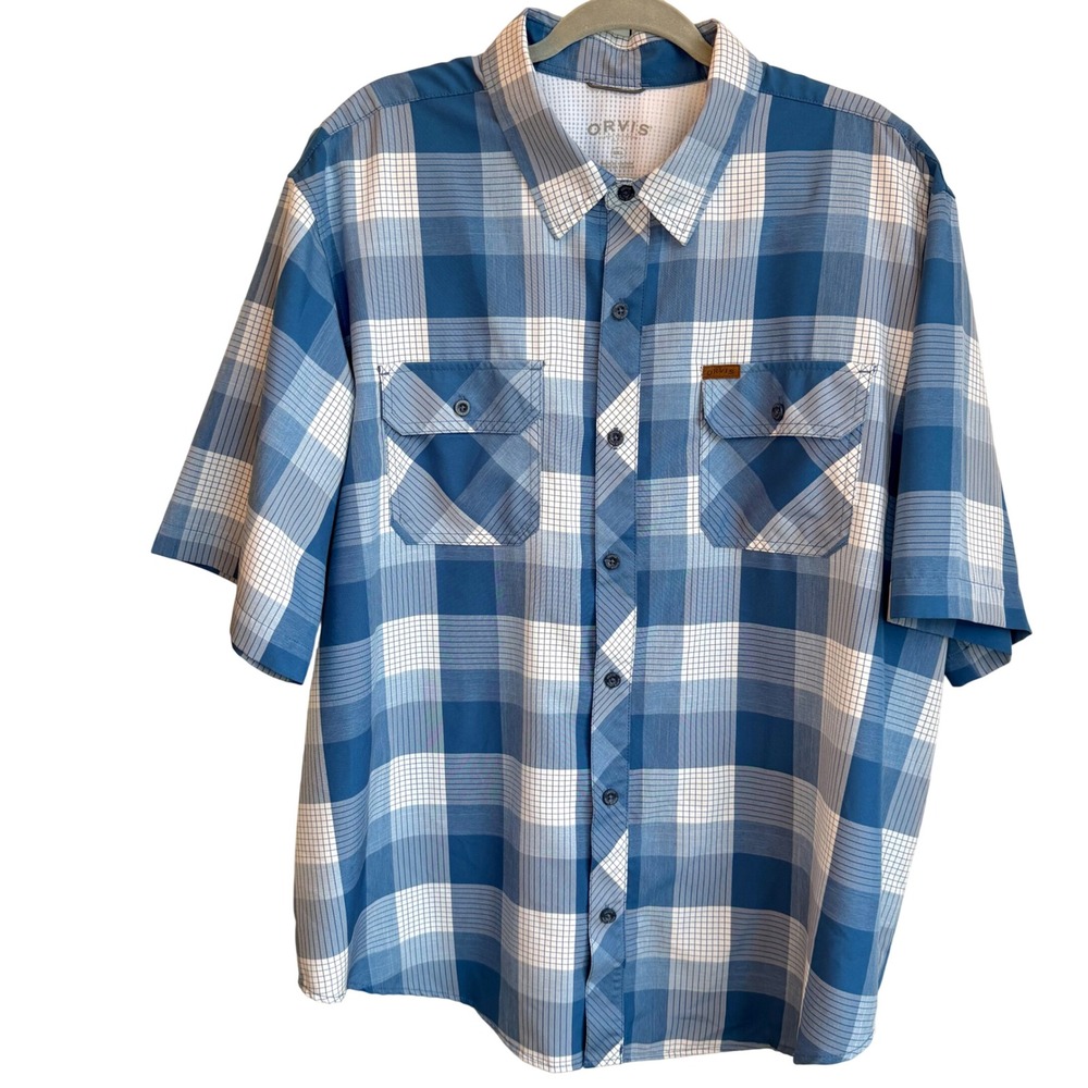 Orvis Plaid Short Sleeve Button Down Mens XXL Blue White Performance